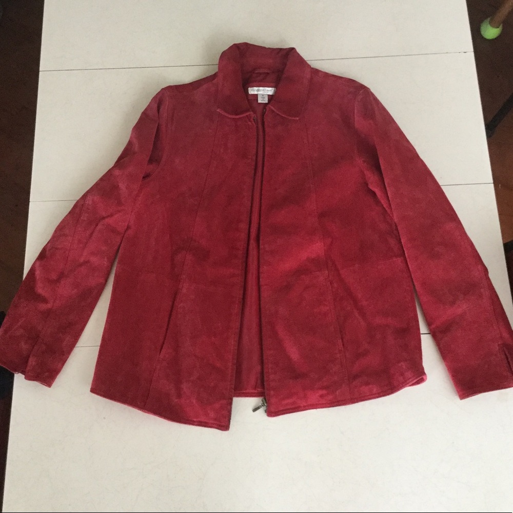 Coldwater Creek Red Leather Zip Up Jacket Size Medium Fall Winter Layer Bold